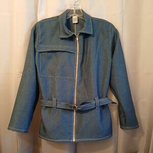 Nwt Strech fit Casual Belted Jacket Full zip up womens M denim Blue zip pocket